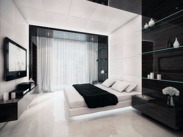 déco-moderne-noir-blanc-grand-lit-chambre-à-coucher