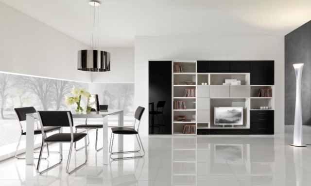 déco-moderne-noir-blanc-table-rectangulaire-chaises-armoires
