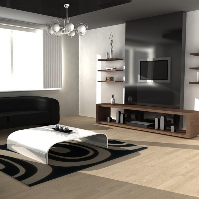 déco moderne noir-blanc-tapis-table-basse-meuble-télé