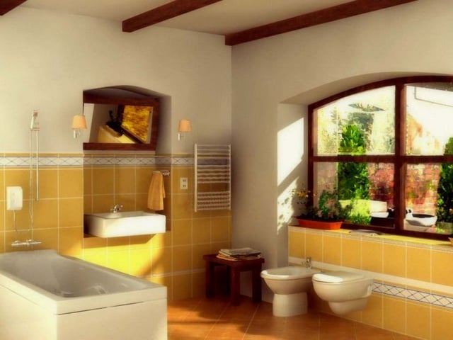déco-salle-de-bain-idée-originale-couleur-jaune-carreaux-baignoire-toilettes