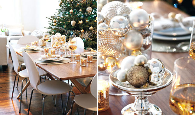 déco-table-Noël-22-idées-boules-argentées-dorées-centre-table déco table de Noël