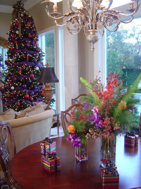 décoration de Noël 2014 violet-rose-sapin-cadeaux
