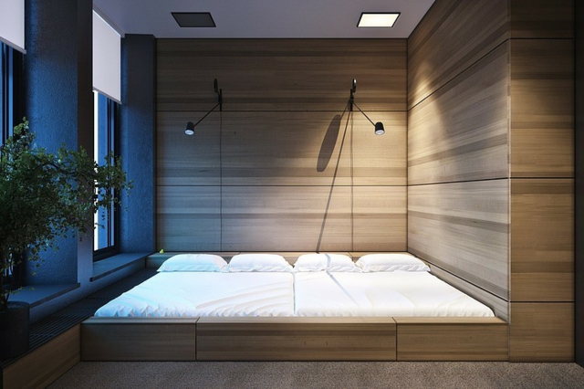 décoration-chambre-à-coucher-revêtement-bois-grand-lit