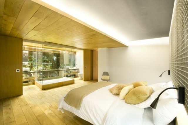 décoration-chambre-à-coucher-revêtement-bois-mur-blanc