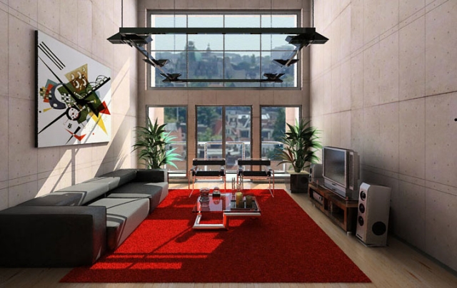 décoration intérieure décoration-intérieure-22-idées-colorées-salle-séjour-tapis-rouge-murs-gris-clair
