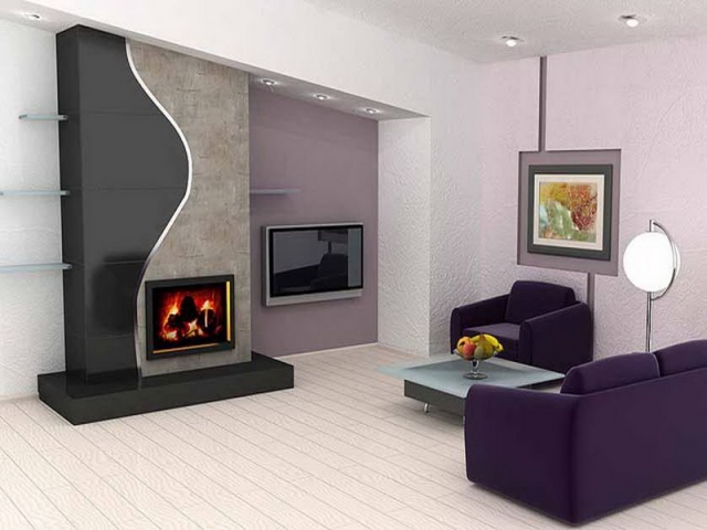 décoration-salon-idée-originale-canapé-violet-cheminée
