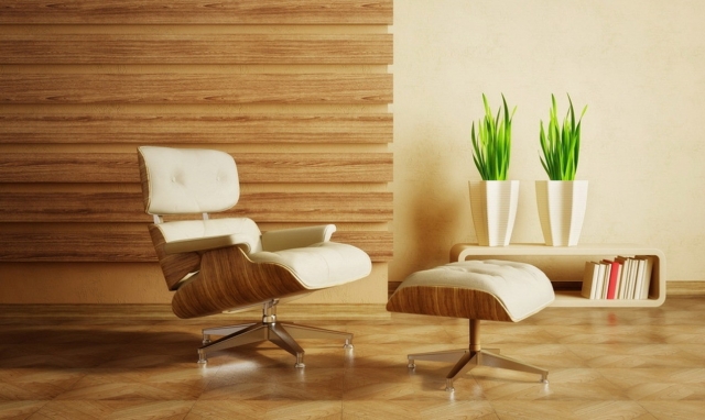 décoration-salon-idée-originale-chaise-cuire-bois-revêtement-mural
