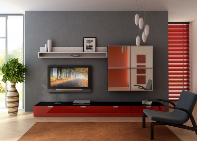 décoration-salon-idée-originale-meuble-télé-noire-rouge-chaise