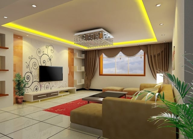décoration-salon-idée-originale-plafond-luminaire-jaune