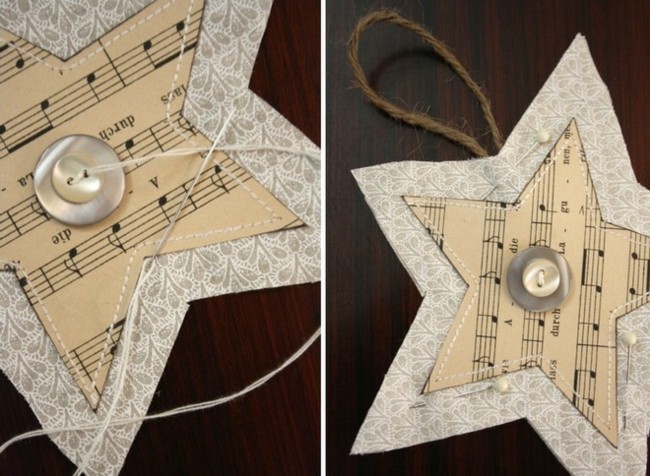 déco-arbre- Noël-DIY-papier-musique-tutoriel-étoiles-belles-tissu-papier-musique-boutons-nacre-corde