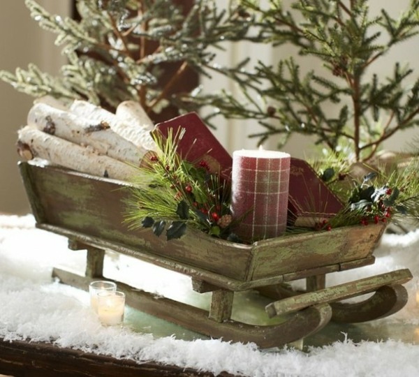 décoration de table pour Noël rustique-traîneau-bougie