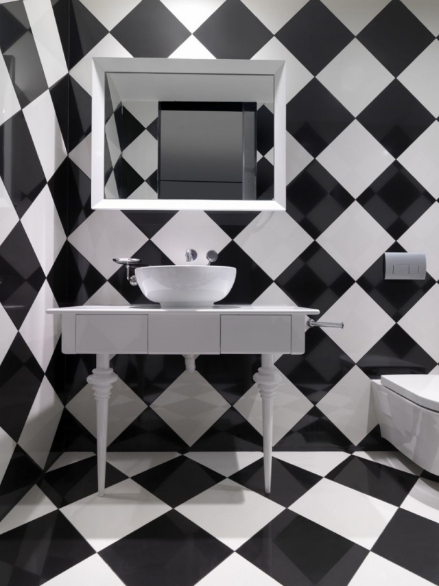 idées-déco-salle-bains-20-papiers-peints-moderne-damier-noir-blanc-moderne idées déco salle de bains