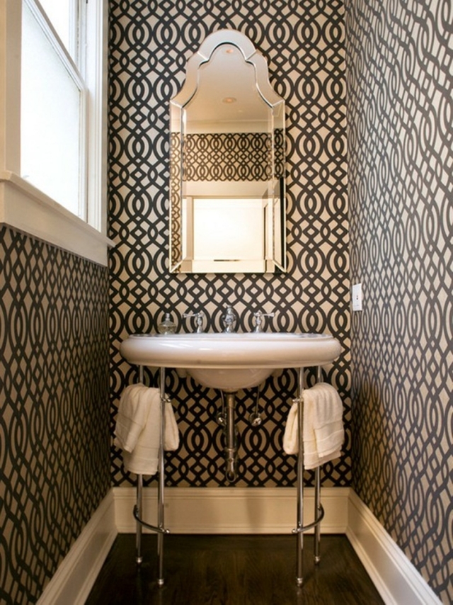 idées-déco-salle-bains-20-papiers-peints-motifs-cercles-entrelacés-vert-foncé idées déco salle de bains