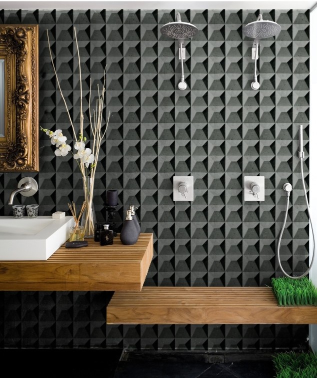 idées-déco-salle-bains-20-papiers-peints-relief-noir-élégant idées déco salle de bains