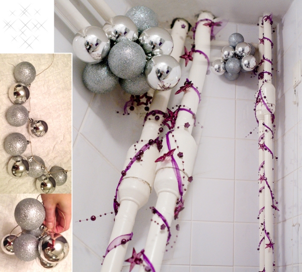 idées-de-déco-Noël-DIY-boules-couleur-argent-tuyeux-salle-bains