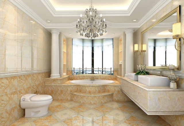 luminaire-salle-bains-25-photos-lustre-luxueux-carrelage-blanc-beige luminaire salle de bains