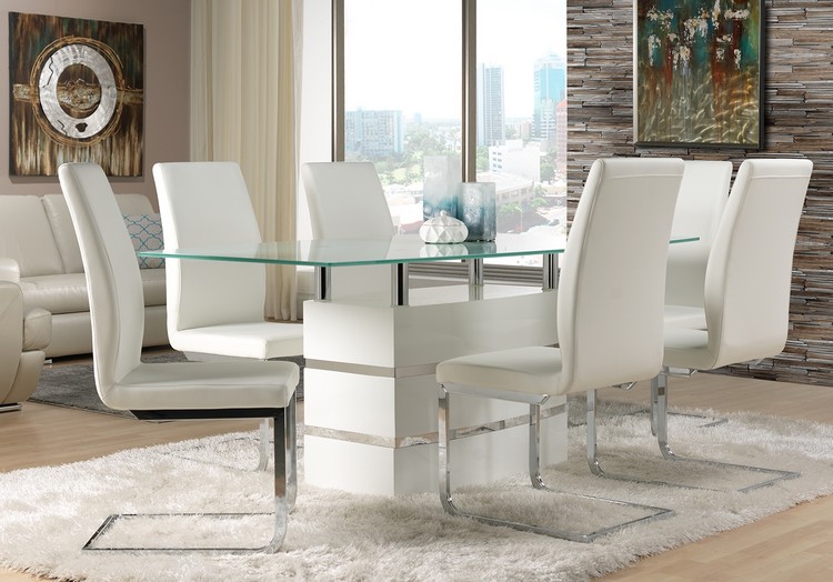 meuble salle à manger -table-blanche-plateau-verre-chaises-cuir-blanc