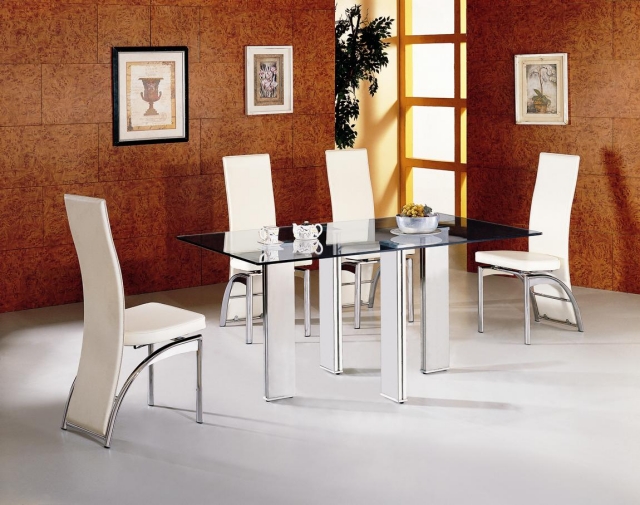 meuble-salle-à manger-table-cuir-blanc-chaises-table-rectangulaire