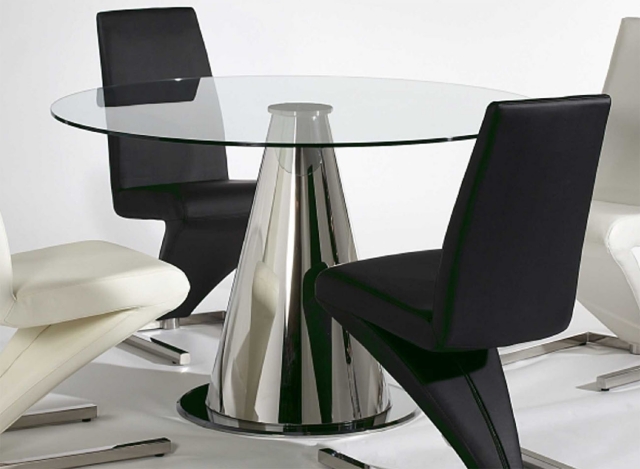 meuble-salle-à manger-table-ronde-verre-chaises-cuir