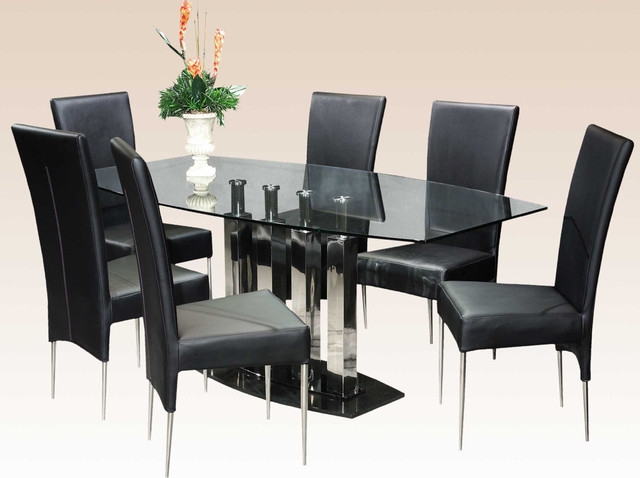 meuble salle à manger table-verre-rectangulaire-chaises-cuir-noir