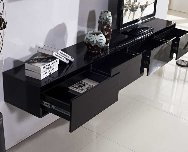 meuble-tv-suspendu-noir-laqué-4-tiroirs-rangement
