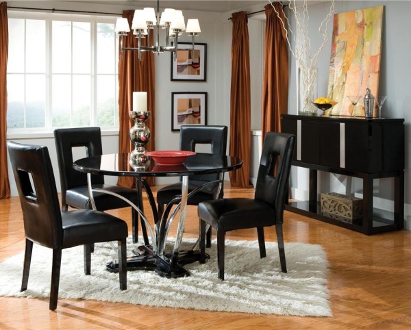 meubles-salle-à-manger-table-ronde-chaises-noires