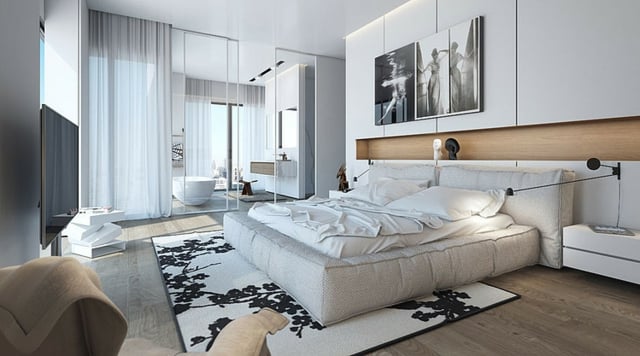 moderne-décoration-chambre-à-coucher-mur-blanc-élément-bois