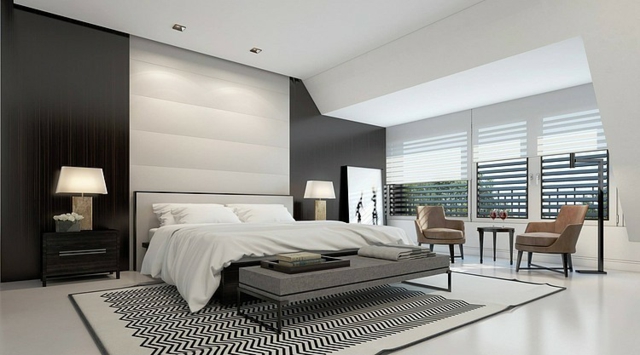 moderne-décoration-chambre-à-coucher-mur-blanc-noire