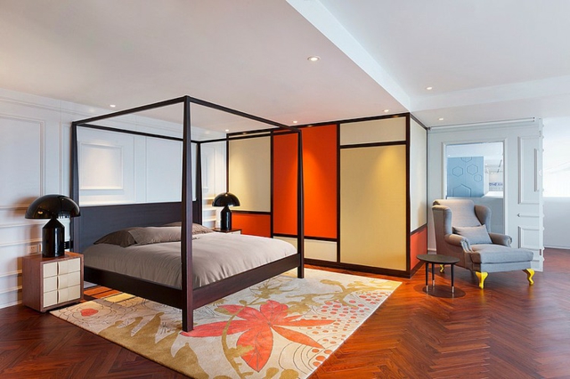 moderne-décoration-chambre-à-coucher-mur-couleur-crème-orange