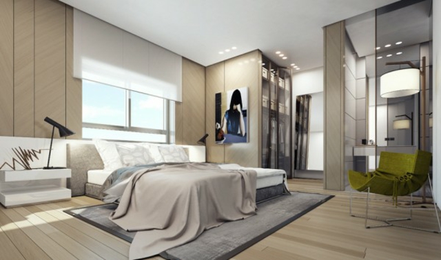 moderne-décoration-chambre-à-coucher-mur-couleur-fond-creme-tableau