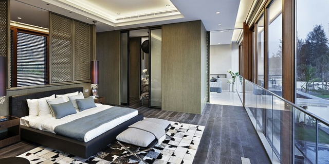 moderne-décoration-chambre-à-coucher-mur-grille-bois