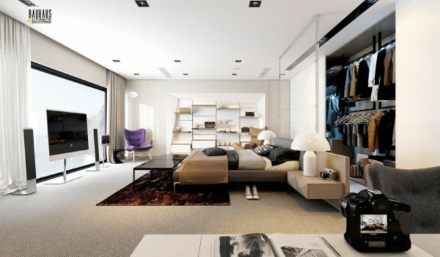 moderne-décoration-chambre-à-coucher-mur-noir-blanc-TV