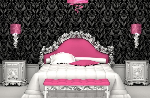 papier-peint-baroque-chambre-noir-blanc-rose
