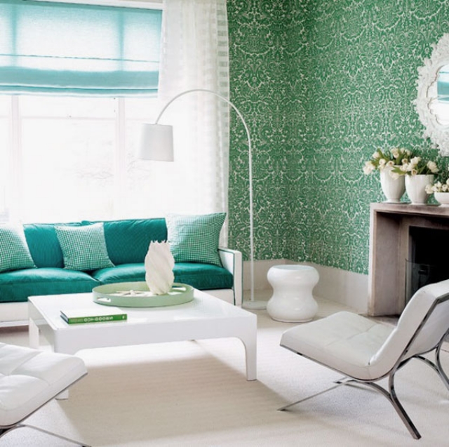 papier peint baroque vert salon-moderne-blanc