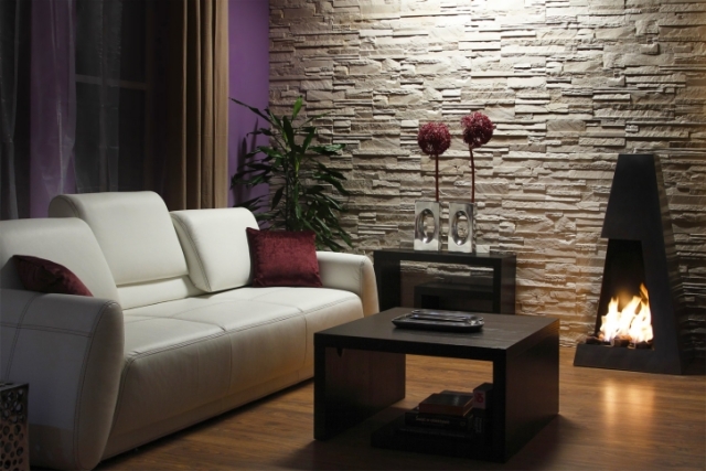 pierre-parement-revêtement-mural-intérieur-décoratif-gris-clair-cheminée-gaz-naturel-salon-moderne pierre de parement