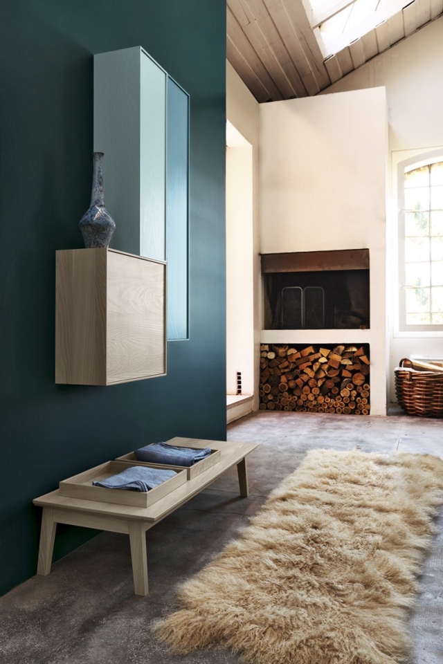 salle-bain-design-unique-originale-Cerasa-tapis-poils-longs-mur-bleu-foncé-armoire-bois