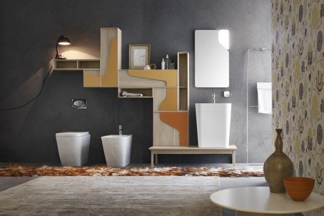 salle de bain design salle-bain-design-unique-originale-cerasa-armoires-bois-papier-peint-fleurs