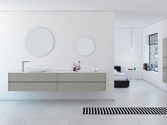 salle-bain-design-unique-originale-miroirs-ronds-meuble-vasque-bois-tapis-rayures-INBANI