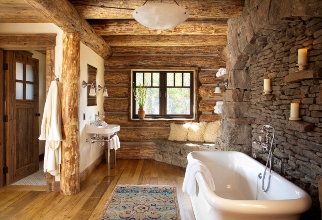 salle-bain-rustique-matériaux-naturels-baignoire-kilim