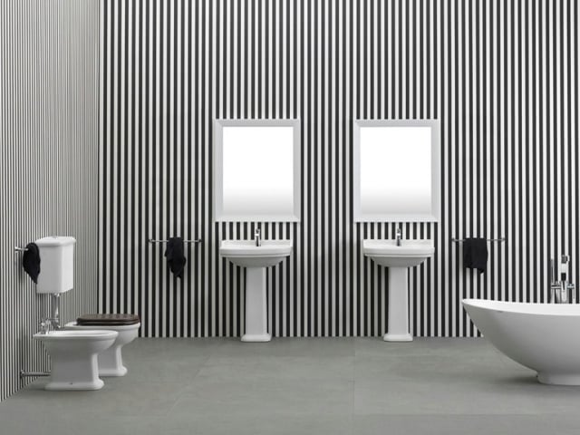 salle de bains italienne salle-bains-italienne-7-designs-Ceramica-Flaminia-EFI-papier-peint-rayures-noir-blanc-baignoire-blanche-bidet-cuvette