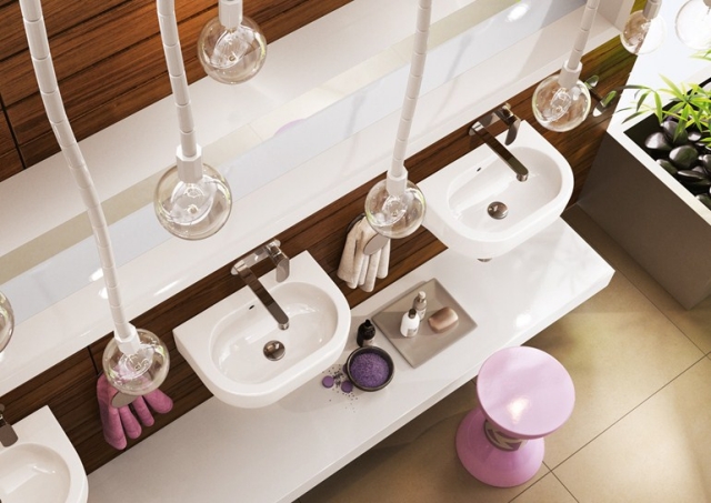 salle de bains italienne salle-bains-italienne-6-designs-Ceramica-Flaminia-PASS-tabouret-rose-suspensions-design-vasques-blancs-ovales-revêtement-bois