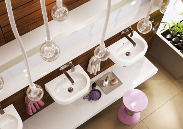 salle-bains-italienne-7-designs-Ceramica-Flaminia-PASS-tabouret-rose-suspensions-design-vasques-blancs-ovales-revêtement-bois