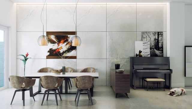 salle-manger-contemporaine-élégante-chaises-tapissées-pieds-bois-table-noir-blanc-piano salle à manger contemporaine