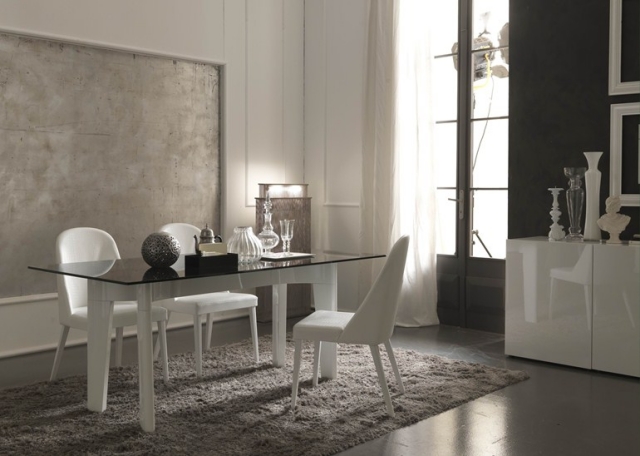 salle-manger-contemporaine-ARMONIA-DAY-SMA-Mobili-tapis-shaggy-gris-murs-gris-blanc-mobilier-blanc