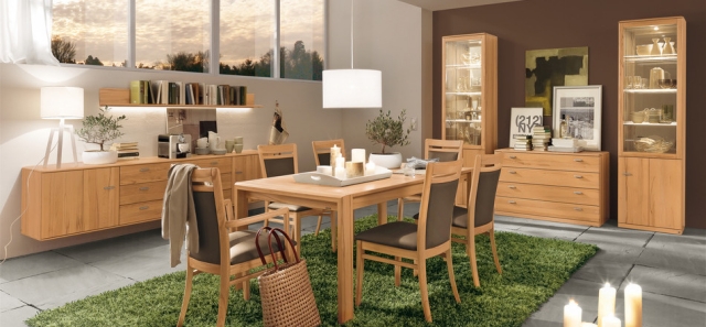 salle-manger-contemporaine-mobilier-bois-élégant-tapis-vert-effet-naturel salle à manger contemporaine