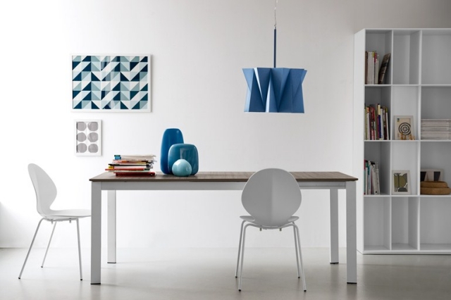 salle à manger contemporaine salle-manger-contemporaine-table-blanc-bois-naturel-chaises-blanches-suspension-bleu-accent