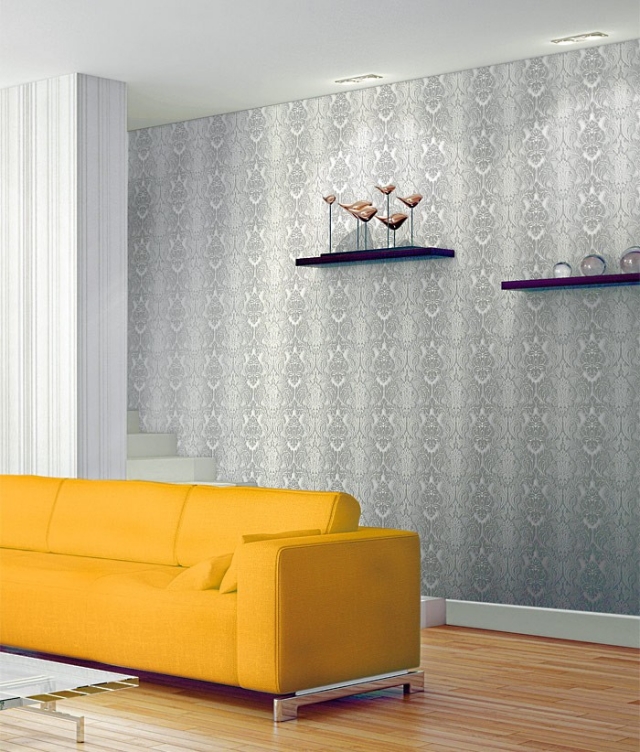 salon-contemporain-canapé-jaune-papier-peint-baroque