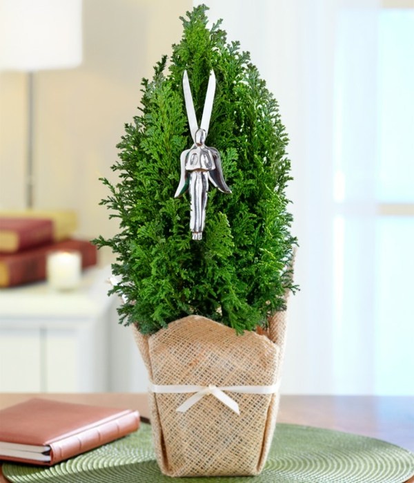 sapin-Noël-pot-décoration-maison-jardin-ange-argenté-figure-sapin-sac-jute