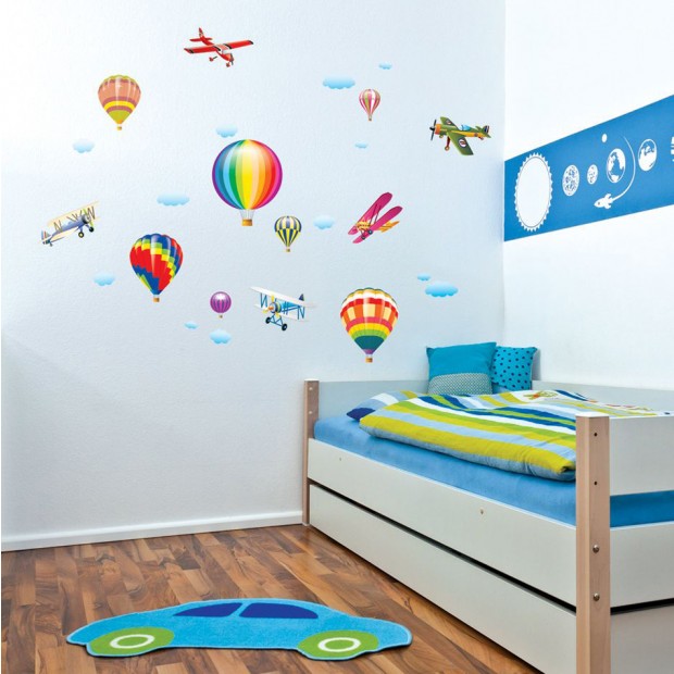stickers chambre bébé enfant-montgolfières-avions