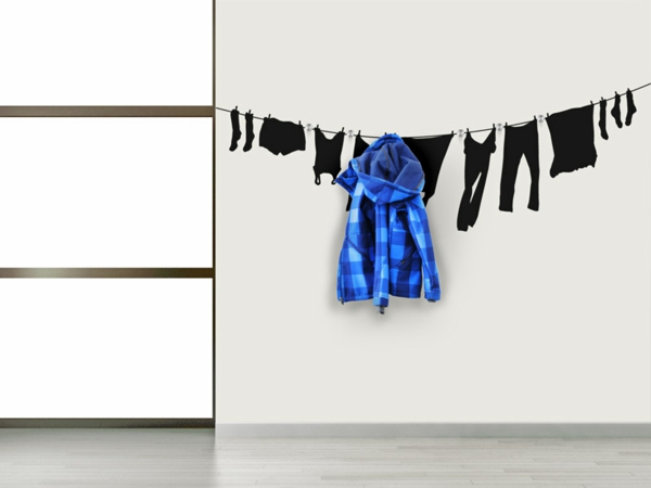 stickers-chambre-crochets-vêtements-20-idées-entrée-mur-blanc-fil-étendage-vêtements-noirs
